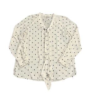 LOFT Women's Tie Neck Diamond Pattern Blouse Size Large Cream Black Sheer Career
